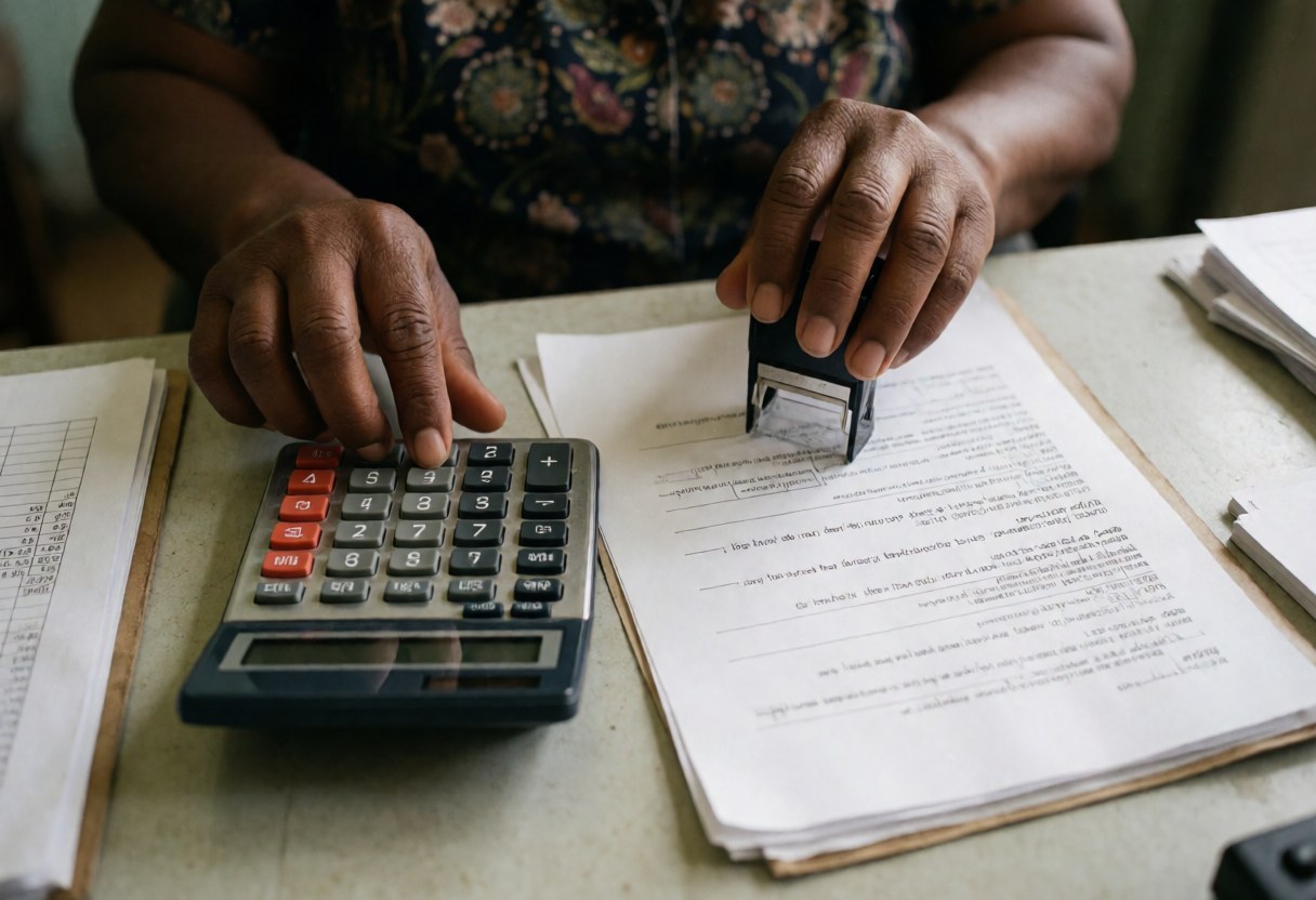 Close-up of hands using a calculator and stamp on accounting documents to show precision and expertise