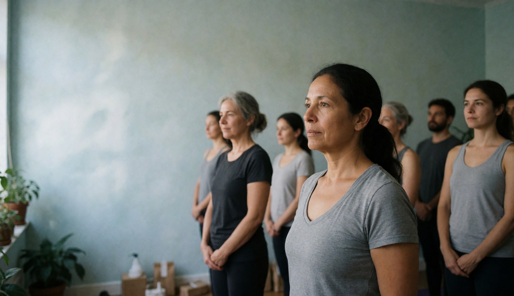 Group of people practicing yoga in a bright studio with light walls, plants, and window light