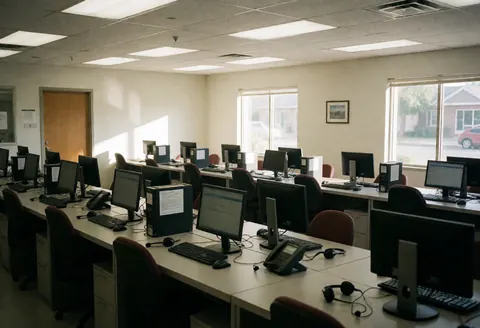 Empty customer service center with desks, computers, and headsets ready for use, illuminated by natural light from windows.