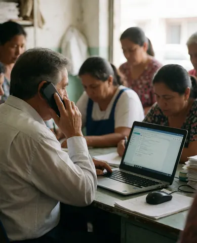 Business owner speaking on a mobile phone while working at a computer with employees in a realistic office setting