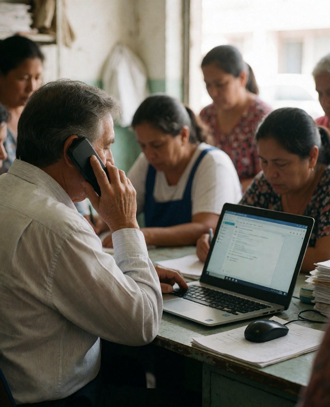 Business owner speaking on a mobile phone while working at a computer with employees in a realistic office setting
