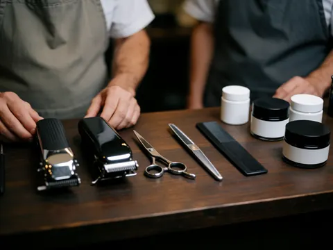 Close-up of barber scissors, pliers, comb, and pomade arranged on a dark wooden counter for salon use