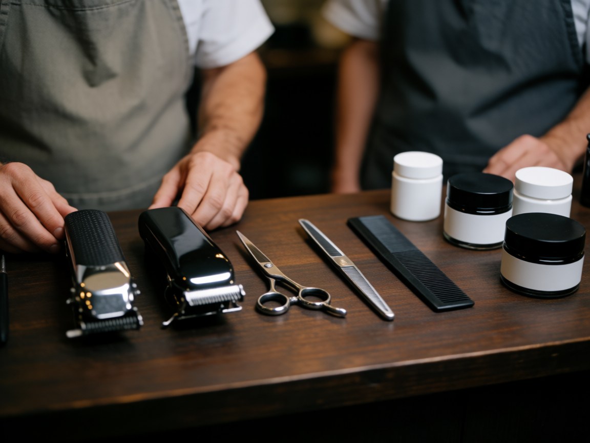 Close-up of barber scissors, pliers, comb, and pomade arranged on a dark wooden counter for salon use