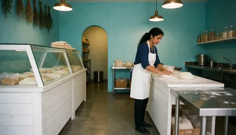 Woman kneading dough inside a bakery with white counters, turquoise walls, and hanging lights