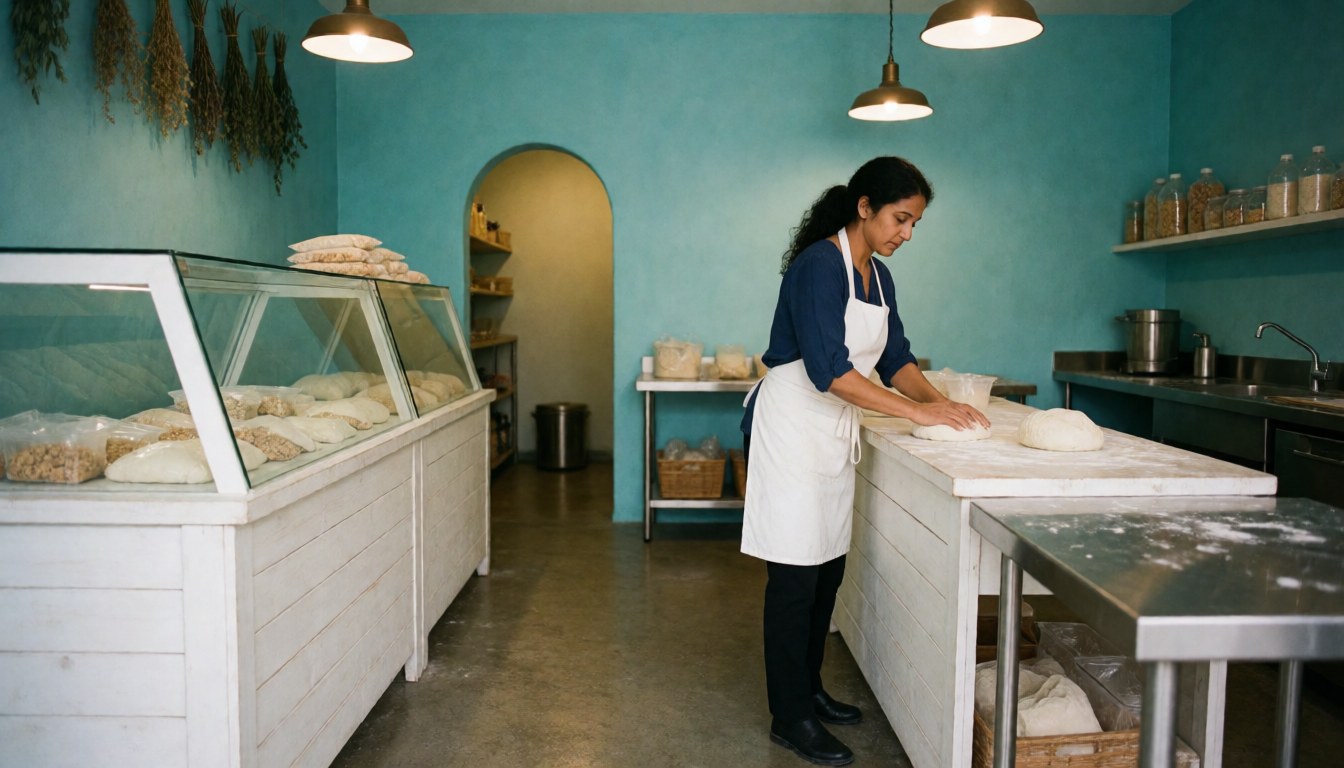 Woman kneading dough inside a bakery with white counters, turquoise walls, and hanging lights