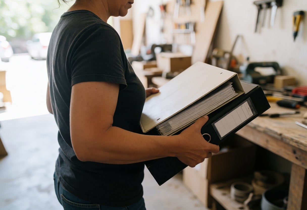 A woman walks through a workshop carrying folders with tools and wooden furniture in the background under natural light