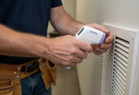 HVAC technician with tool belt checking air conditioner fan airflow using a digital thermometer in an indoor hallway