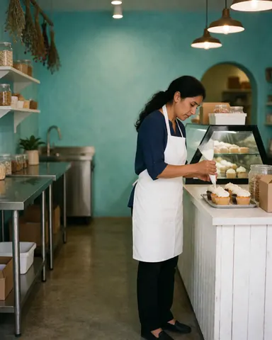 A woman in a bakery team decorates cupcakes with white frosting against turquoise walls and white counters.