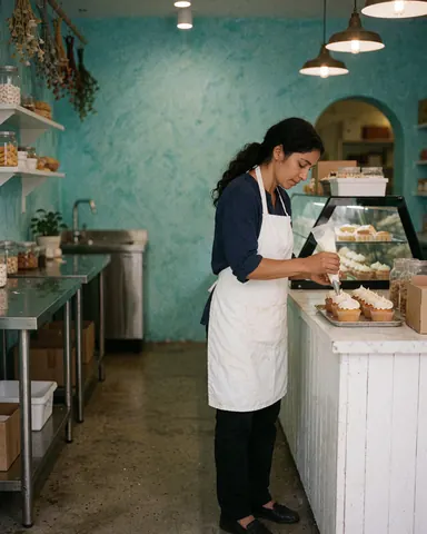 A woman in a bakery team decorates cupcakes with white frosting against turquoise walls and white counters.