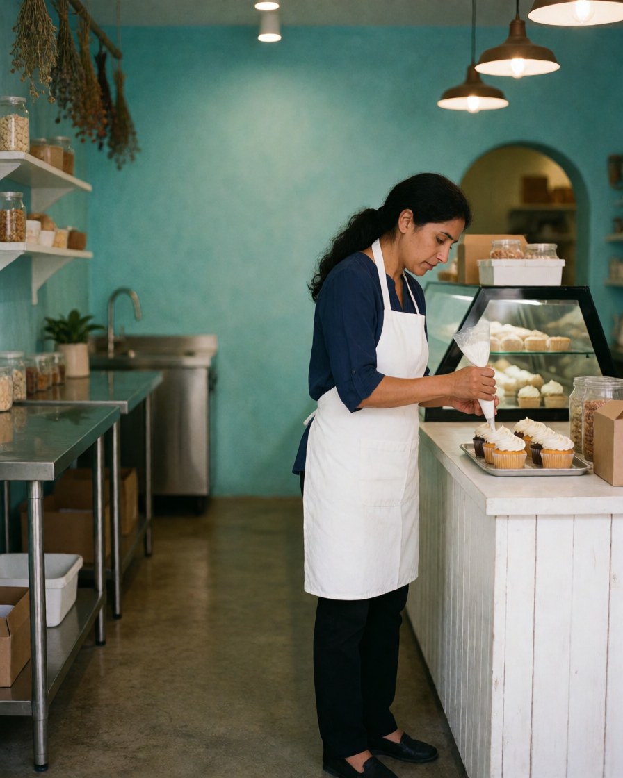 A woman in a bakery team decorates cupcakes with white frosting against turquoise walls and white counters.