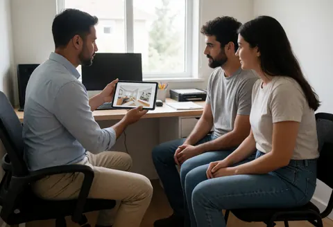 A furniture designer explains seating options to a young couple in an office while using a tablet to display a 3D rendering near a window.