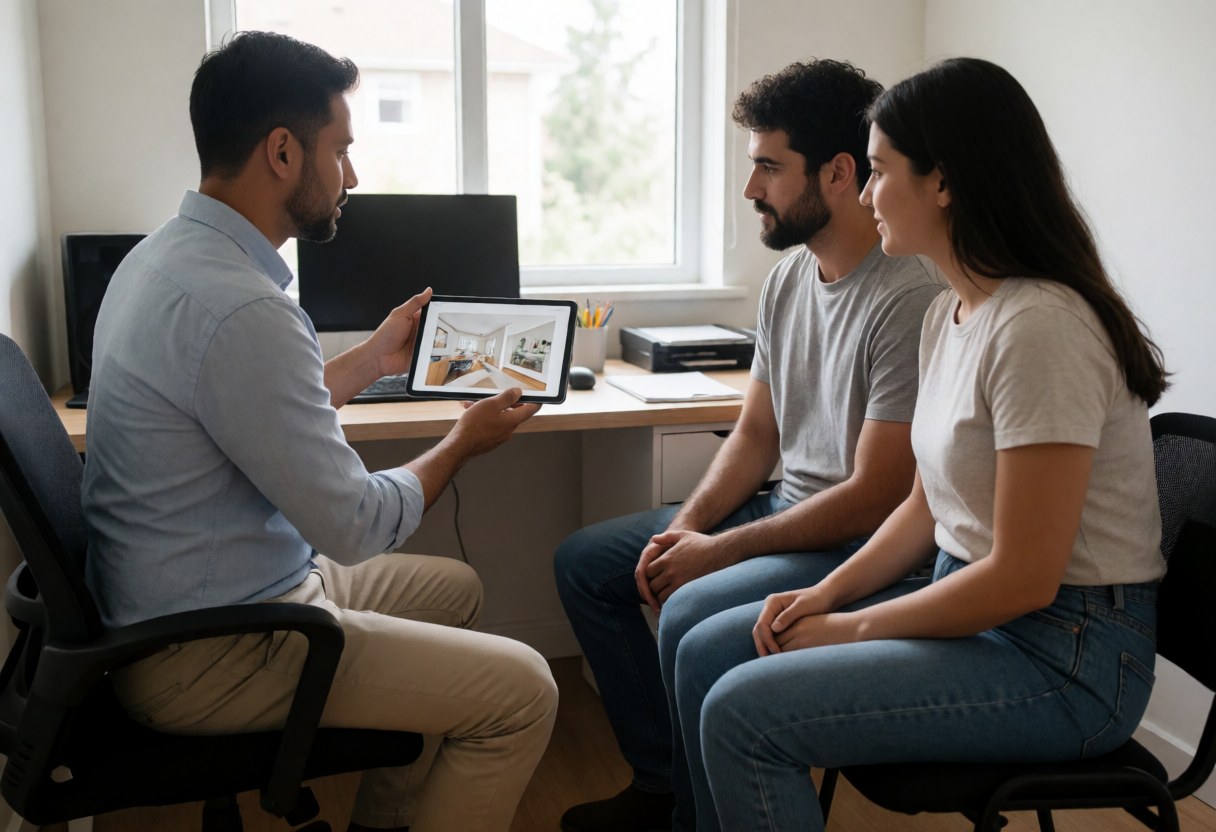 A furniture designer explains seating options to a young couple in an office while using a tablet to display a 3D rendering near a window.
