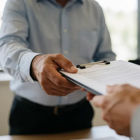 Close-up of a man handing over a document in an office with a blurred background focusing on hands and clip