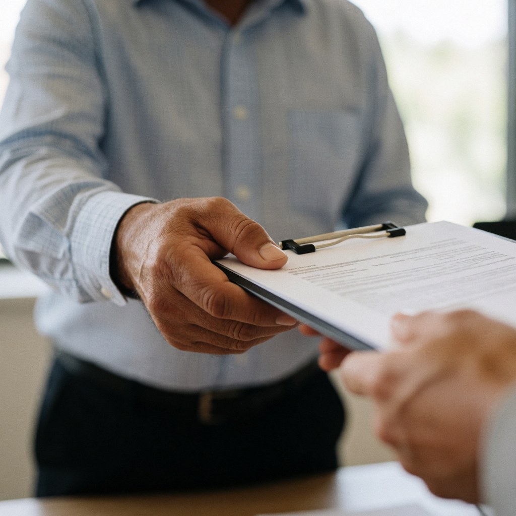 Close-up of a man handing over a document in an office with a blurred background focusing on hands and clip