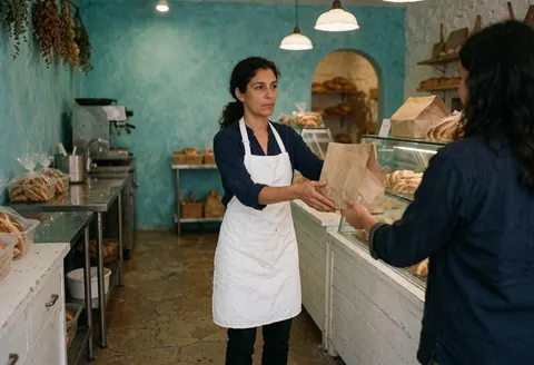 A female baker hands a bread bag to a customer at a bakery counter with turquoise walls.