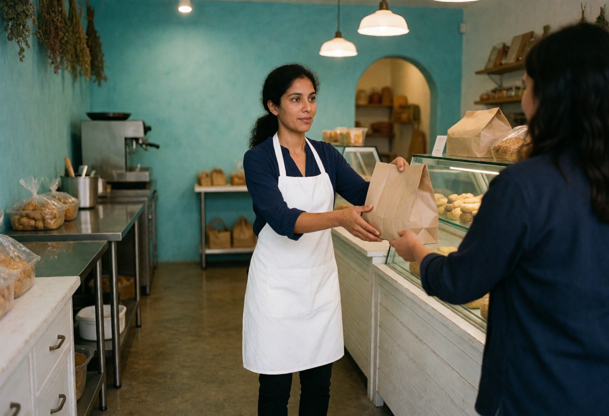 A female baker hands a bread bag to a customer at a bakery counter with turquoise walls.