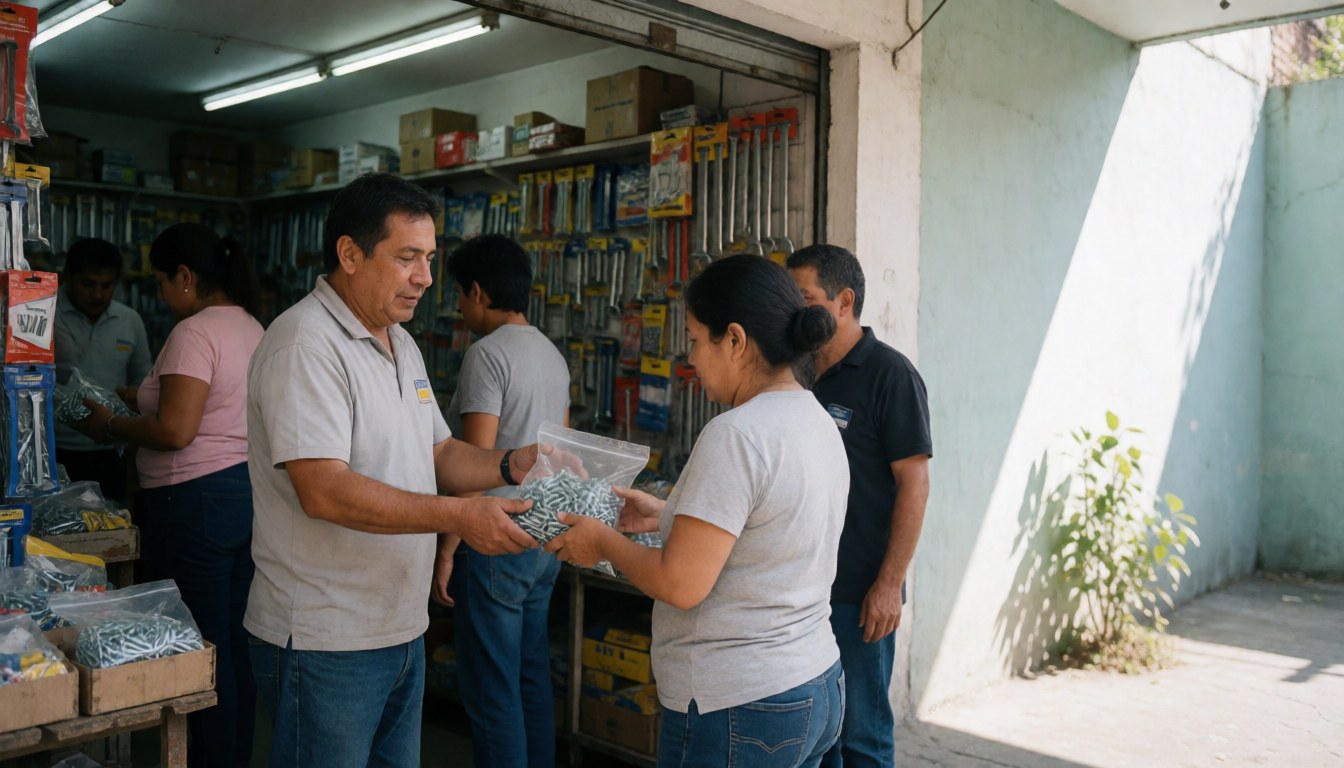 Hardware store clerk hands a bag of screws to a customer at the store entrance with other shoppers and tools visible in the background