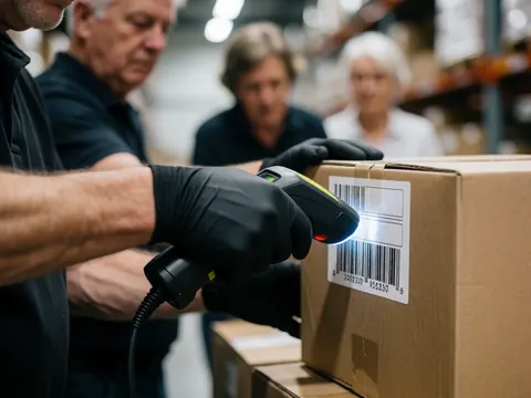 Hand wearing black glove scanning barcode on cardboard box in warehouse with workers in background