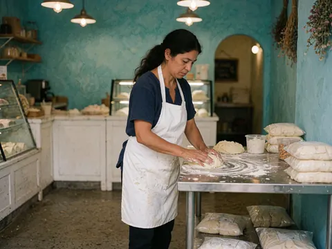 A woman in a white apron kneads dough on a stainless steel table in a bakery with turquoise walls and white counters.