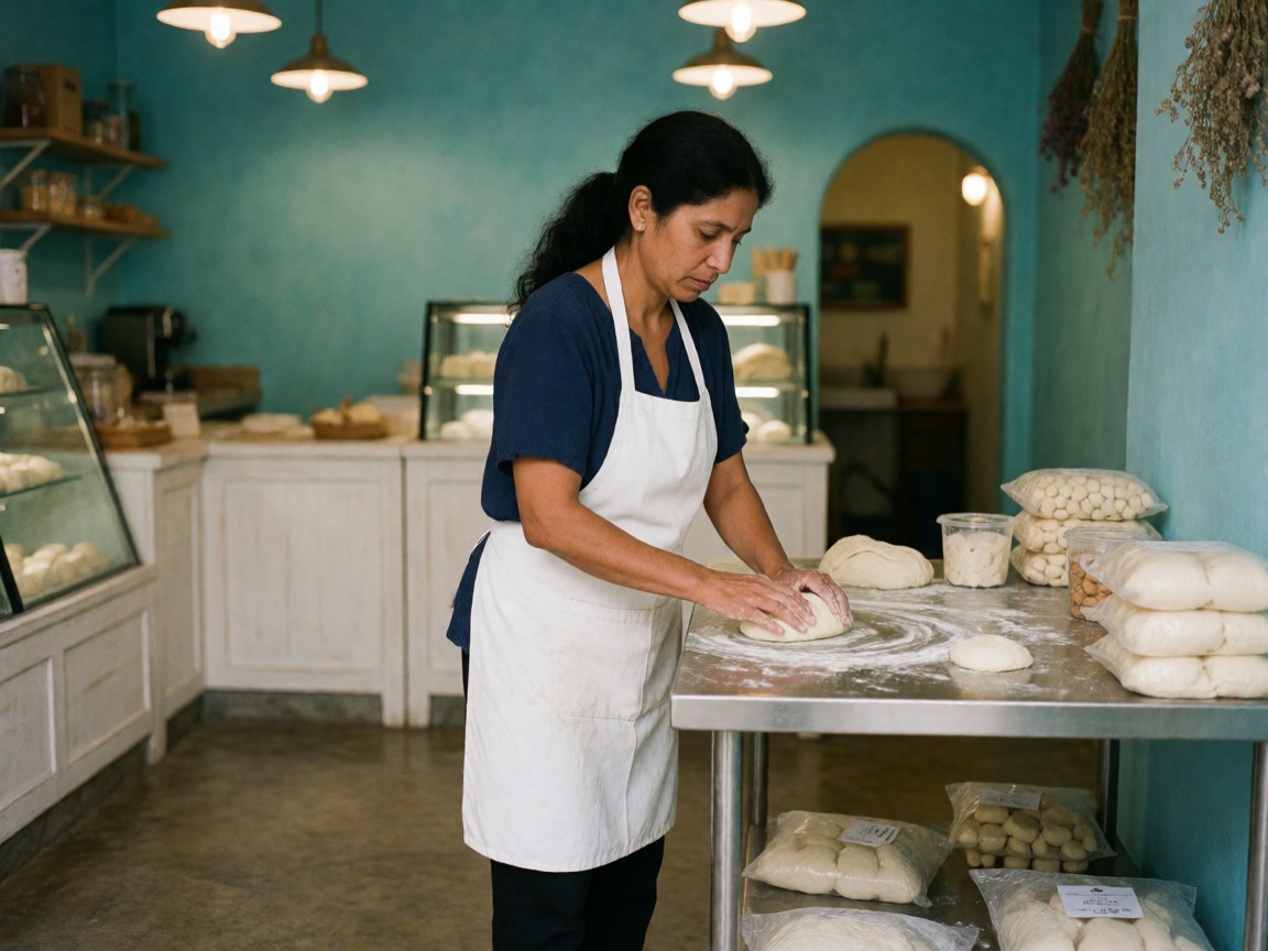 A woman in a white apron kneads dough on a stainless steel table in a bakery with turquoise walls and white counters.