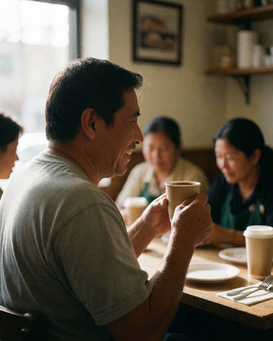 A smiling man enjoys his coffee at a restaurant table with other people in the background in a warm and cozy atmosphere