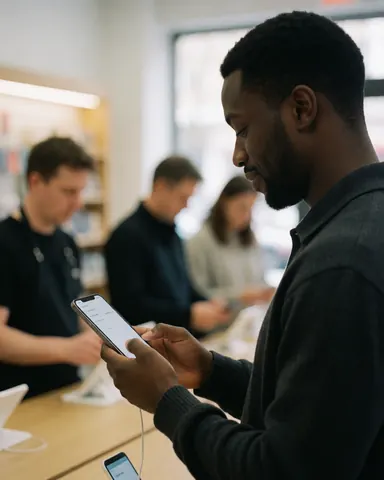A smiling young man tries out a new smartphone in a retail electronics store with other shoppers in the background