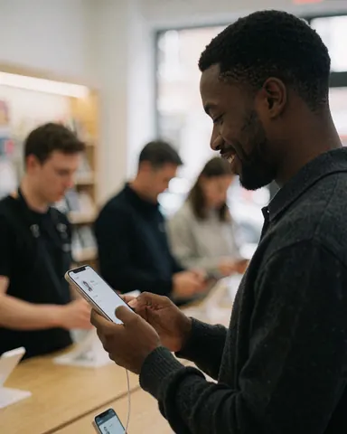 A smiling young man tries out a new smartphone in a retail electronics store with other shoppers in the background