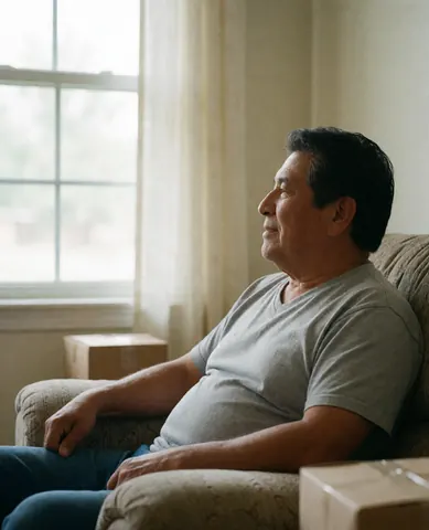 A smiling older man sits relaxed on a sofa looking out a window in a bright, tidy living room