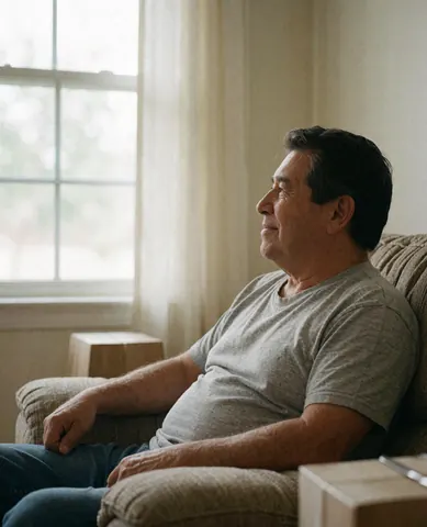 A smiling older man sits relaxed on a sofa looking out a window in a bright, tidy living room