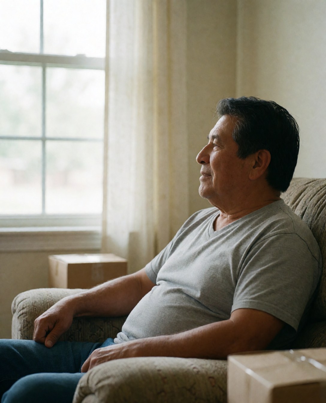 A smiling older man sits relaxed on a sofa looking out a window in a bright, tidy living room