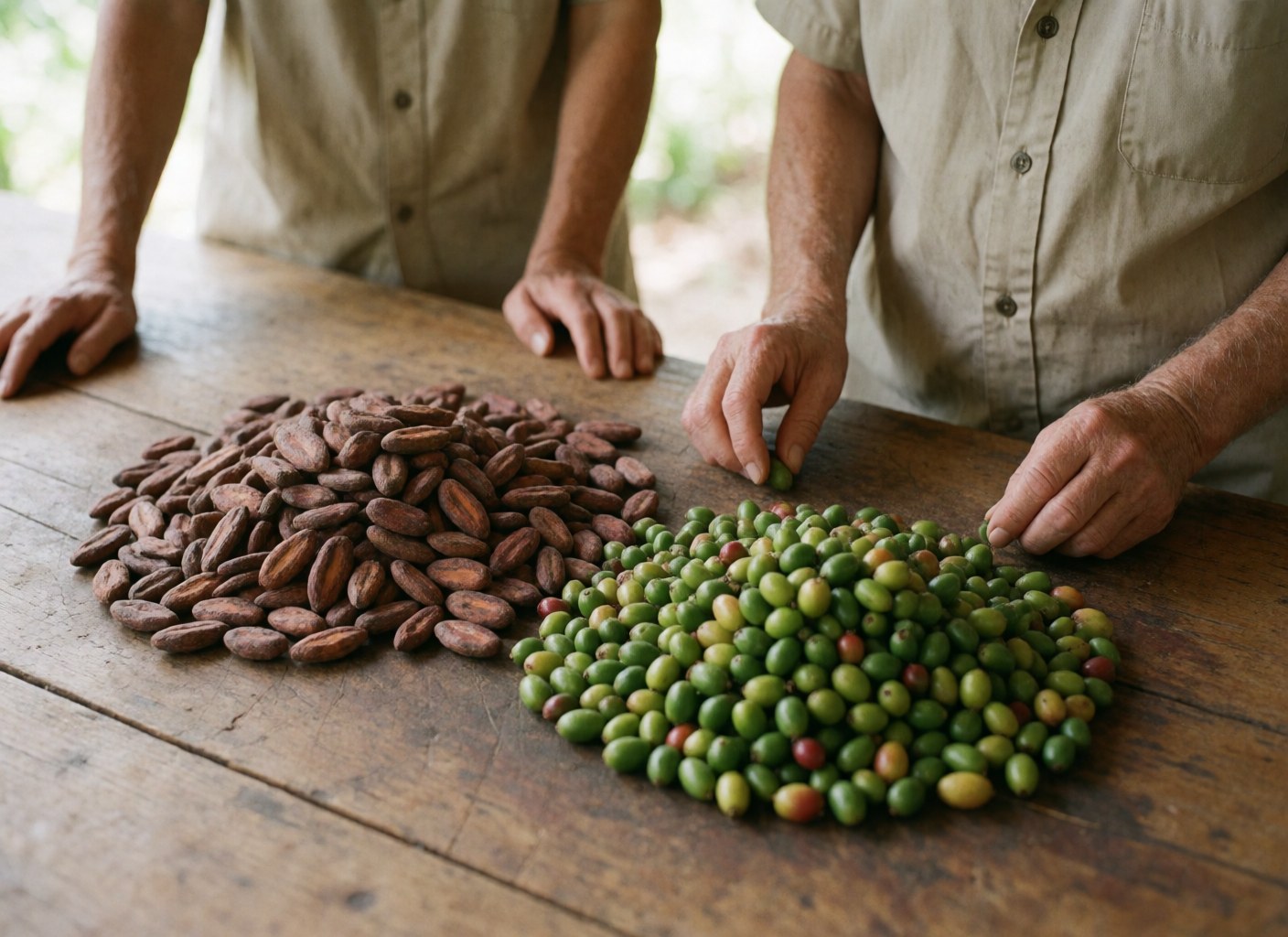 Roasted cacao beans and fresh green coffee beans arranged on a rustic wooden table with adult hands working nearby.
