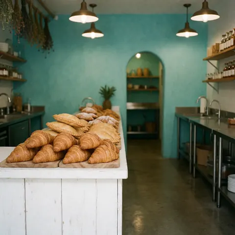 Fresh croissants and empanadas displayed on a bakery counter with turquoise walls and hanging lights