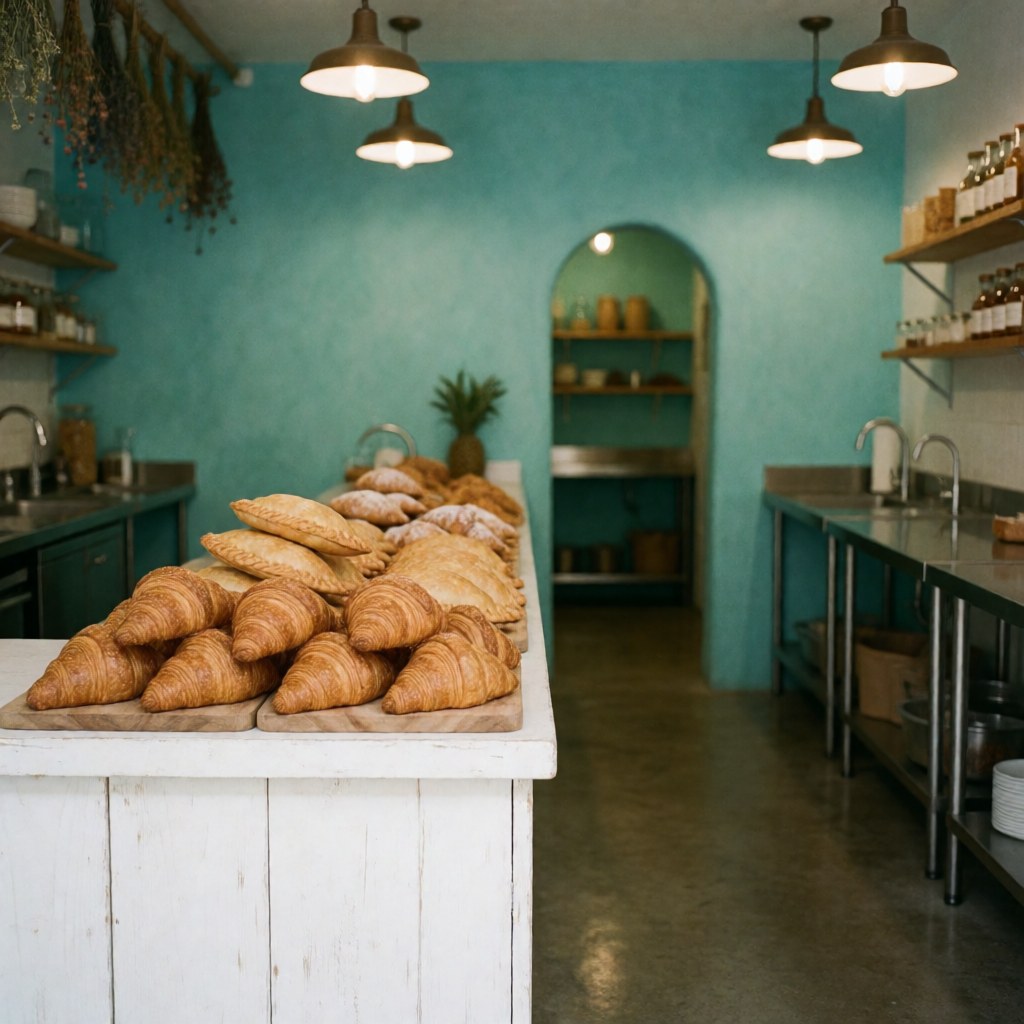 Fresh croissants and empanadas displayed on a bakery counter with turquoise walls and hanging lights