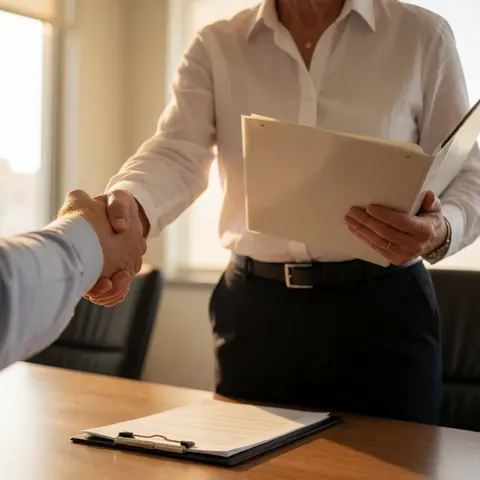 Close-up of two people shaking hands over a conference table while holding a folder with documents in a professional setting
