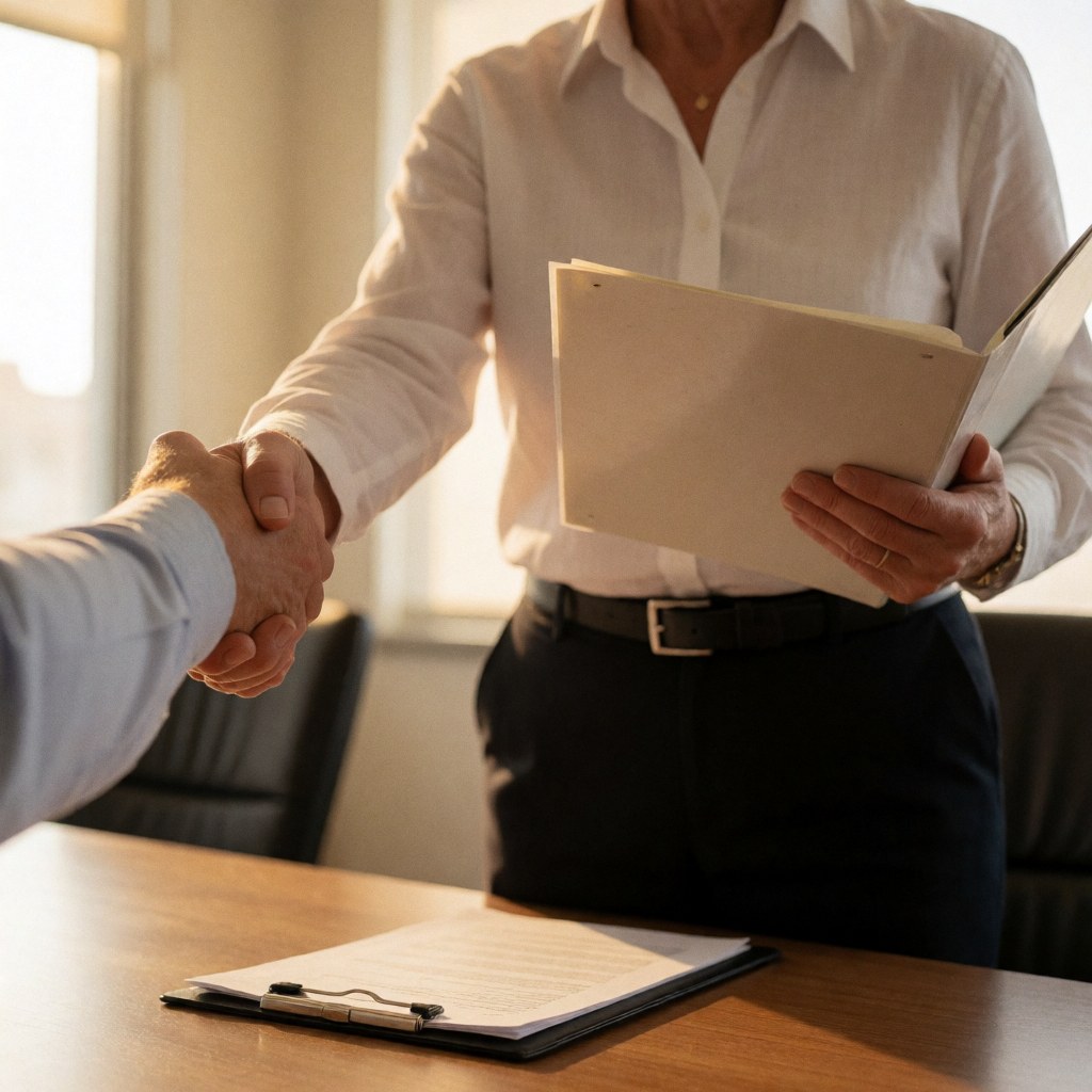 Close-up of two people shaking hands over a conference table while holding a folder with documents in a professional setting