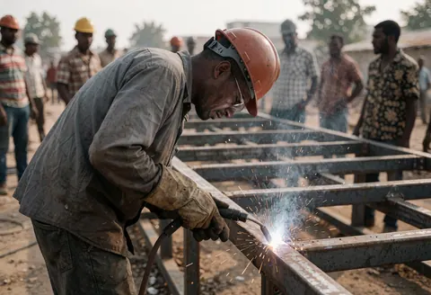 A worker wearing a helmet and gloves welds a metal structure on a construction site with sparks flying and other workers in the background