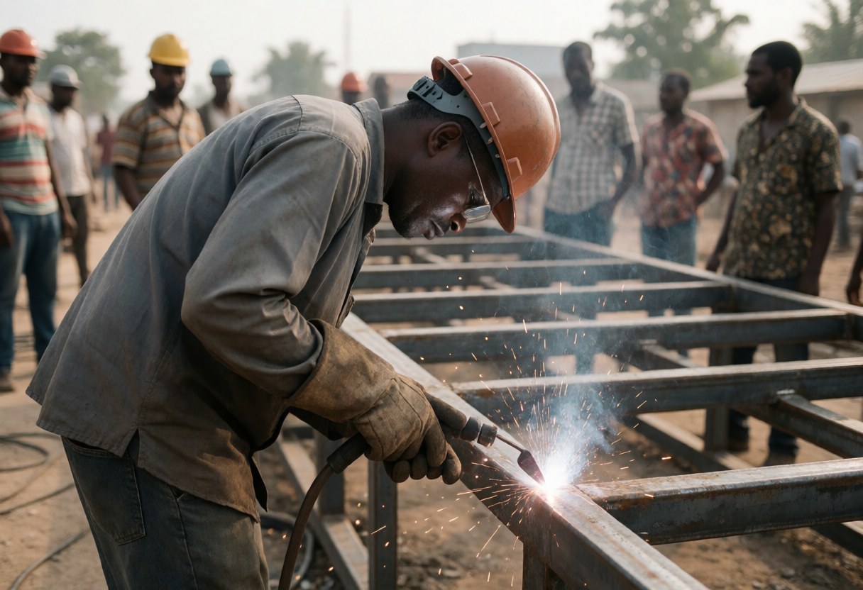 A worker wearing a helmet and gloves welds a metal structure on a construction site with sparks flying and other workers in the background