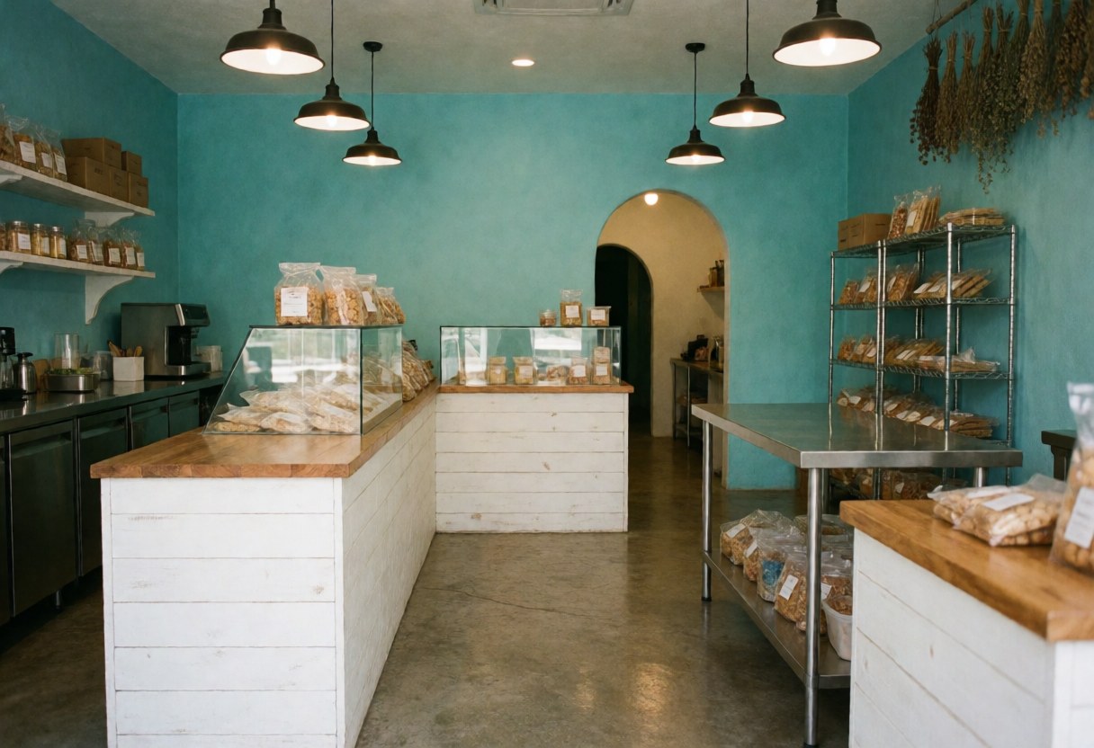 Clean bakery interior featuring turquoise walls, white counters, and metal shelves displaying fresh bread and pastries in glass cases.
