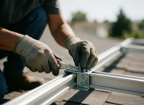 A man wearing gloves installs a solar panel support on a residential roof under bright sunlight, showing tools and metal details.