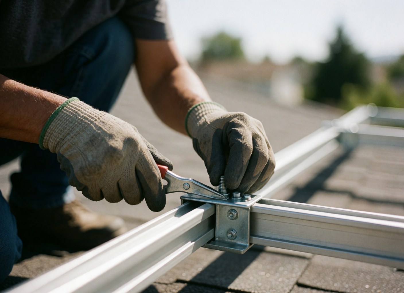 A man wearing gloves installs a solar panel support on a residential roof under bright sunlight, showing tools and metal details.