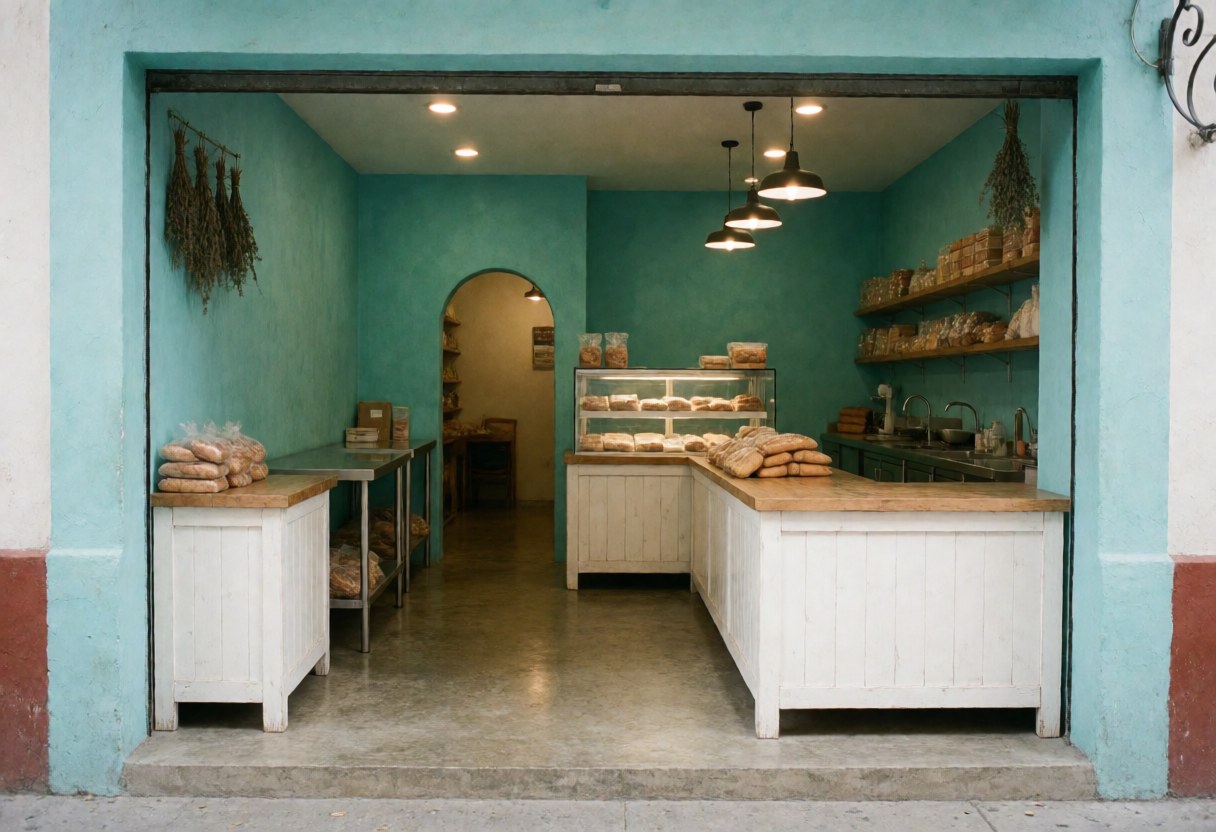 Exterior view of a bakery featuring turquoise walls, white counters, fresh bread in a glass case, hanging lights, and dried herbs.