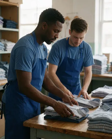 Two employees in a clothing store arranging shirts on a wooden table with clothing racks in the background lit by natural light