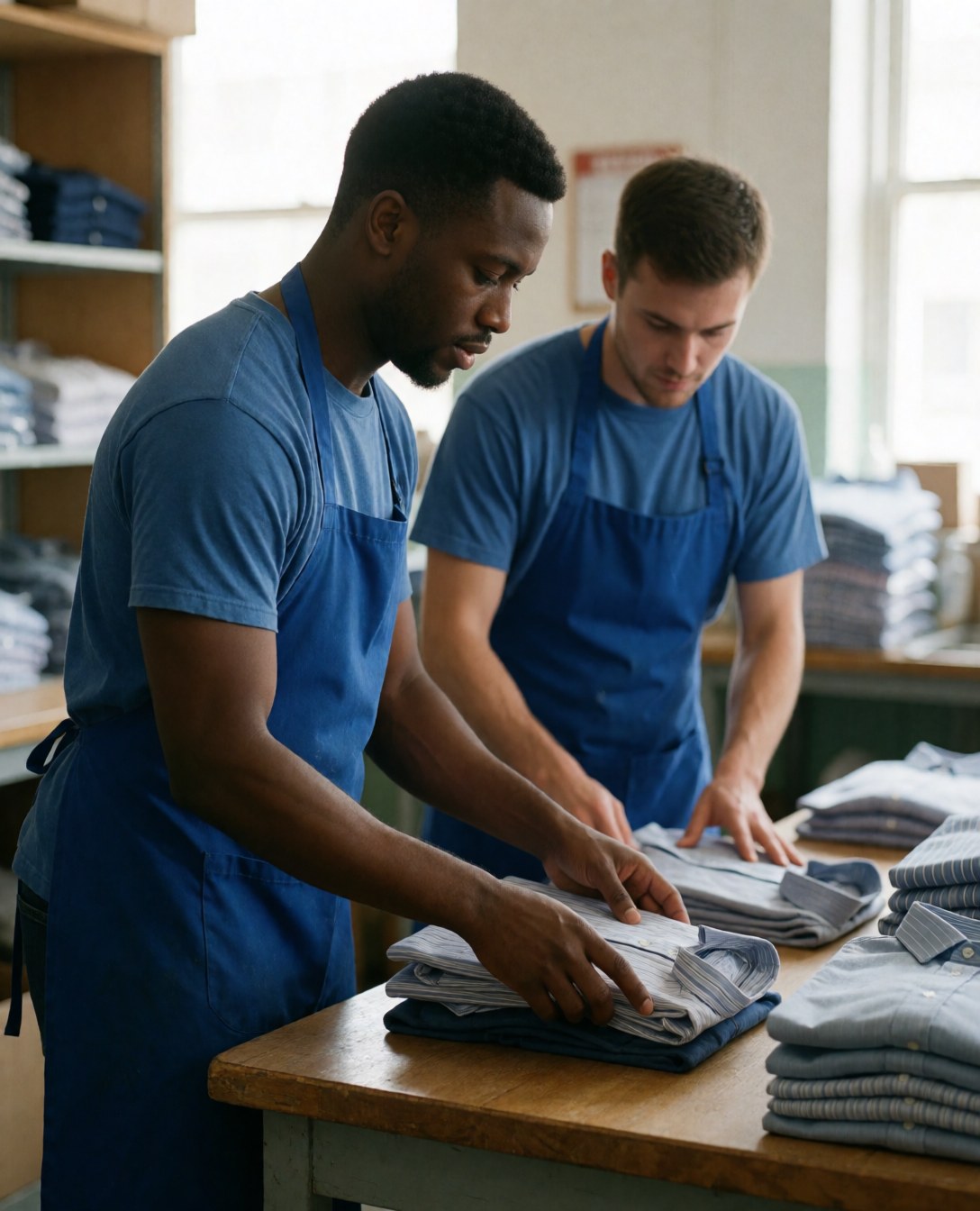 Two employees in a clothing store arranging shirts on a wooden table with clothing racks in the background lit by natural light