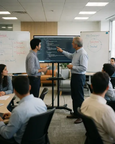 Software developers collaborating in a meeting, reviewing code on a large screen and whiteboard diagrams in a modern office.