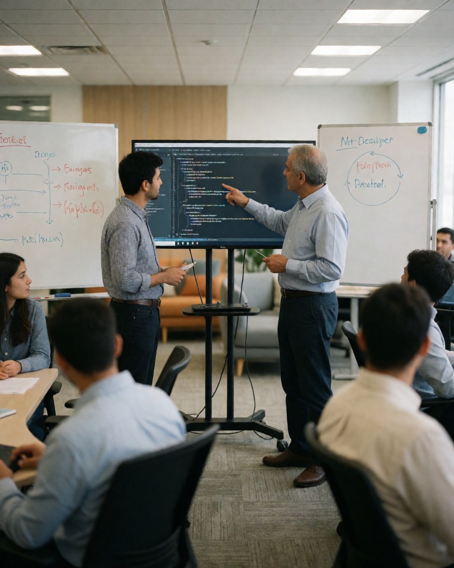 Software developers collaborating in a meeting, reviewing code on a large screen and whiteboard diagrams in a modern office.