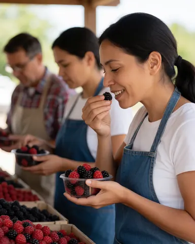 A smiling woman tastes fresh fruit at an outdoor market stand with other people and fruit boxes in the background