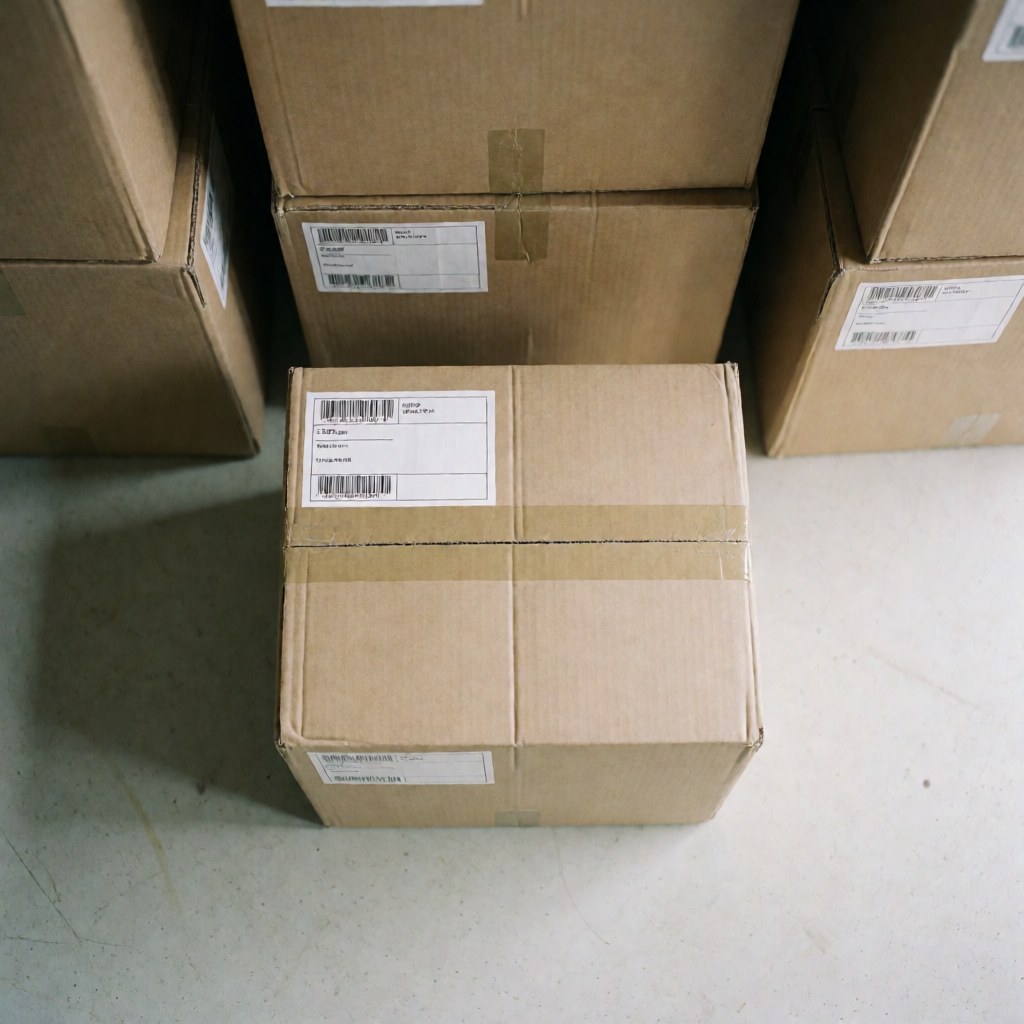 Sealed and labeled moving box ready for transport in a warehouse with stacked boxes, ideal for moving and logistics services