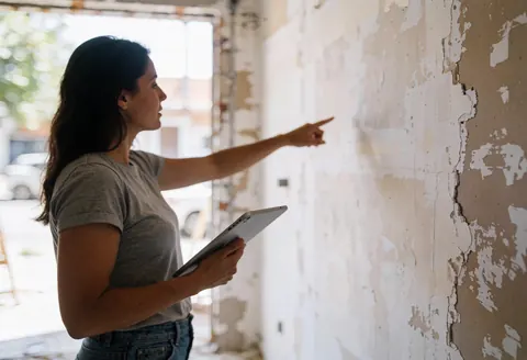 A woman holding a tablet points at a wall during an ongoing renovation project with natural lighting