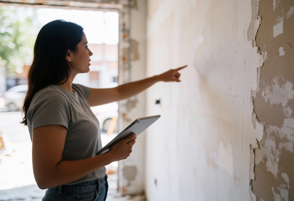 A woman holding a tablet points at a wall during an ongoing renovation project with natural lighting
