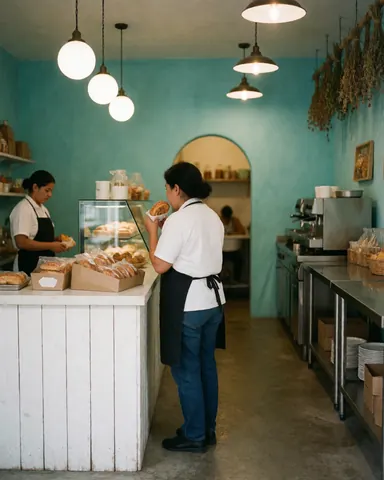 A satisfied customer enjoying a slice of cake in a bakery with turquoise walls and warm lighting